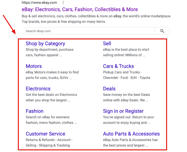 eBay SEO sitelinks on Google search, August 2022