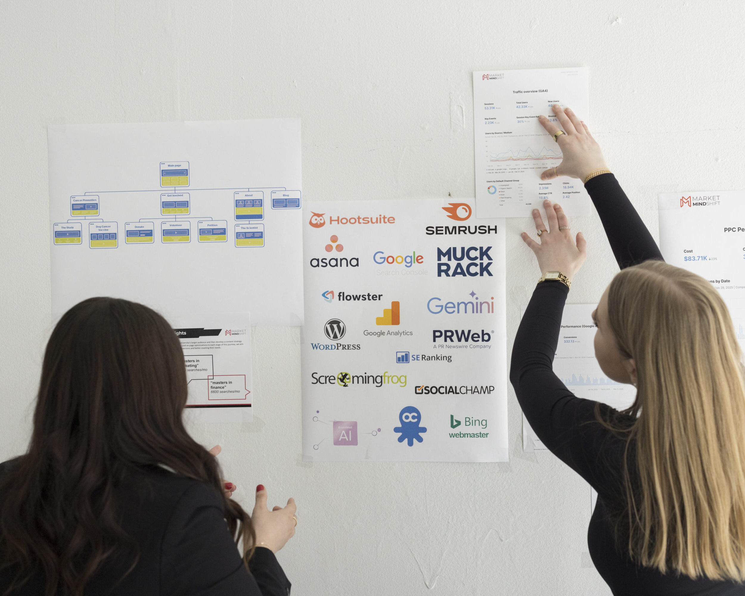 two people reviewing charts that are hung on the wall