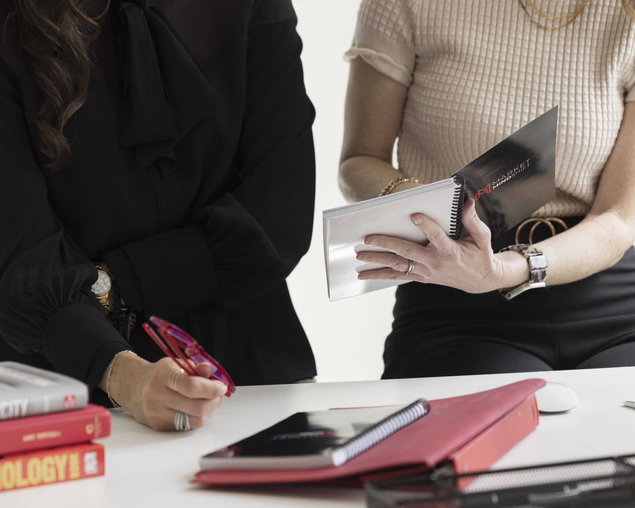 two people learning from each other in an office setting and sitting at a desk