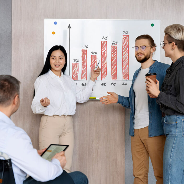 A woman is presenting marketing or sales metrics to a small, engaged team using a hand-drawn bar graph on a whiteboard.