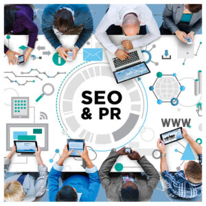 An overhead view of a diverse group of people around a table, engaged with various digital devices like laptops and tablets. The image is overlaid with a digital marketing concept infographic, featuring icons for SEO, PR, analytics, social media, and web development, all interconnected by lines and circles.